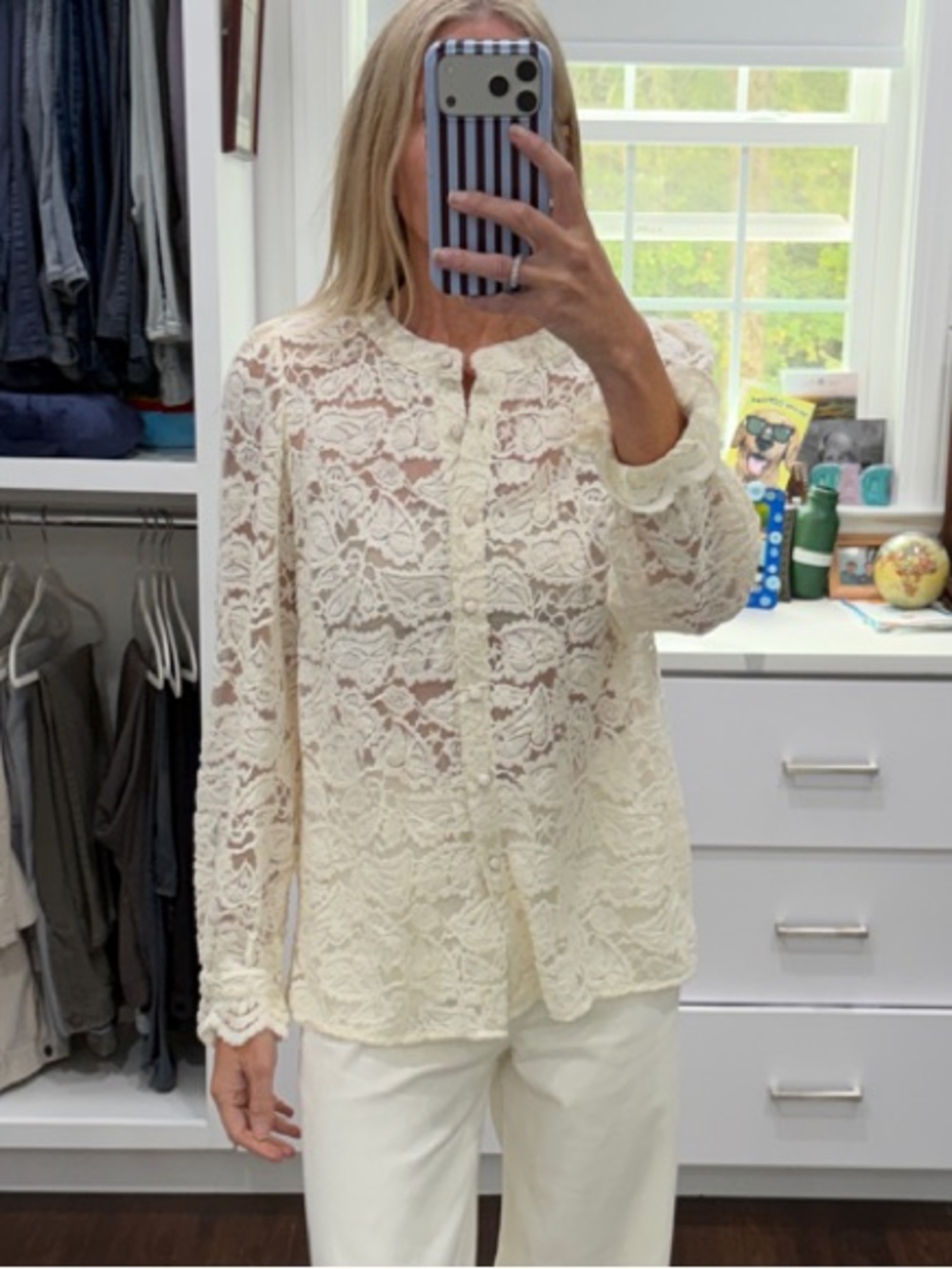 Amazon Cream Lace Button-Front Blouse